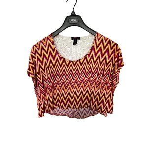 Ultra Flirt Crop Top Pink Yellow White Zig Zag with Crochet back Womans M